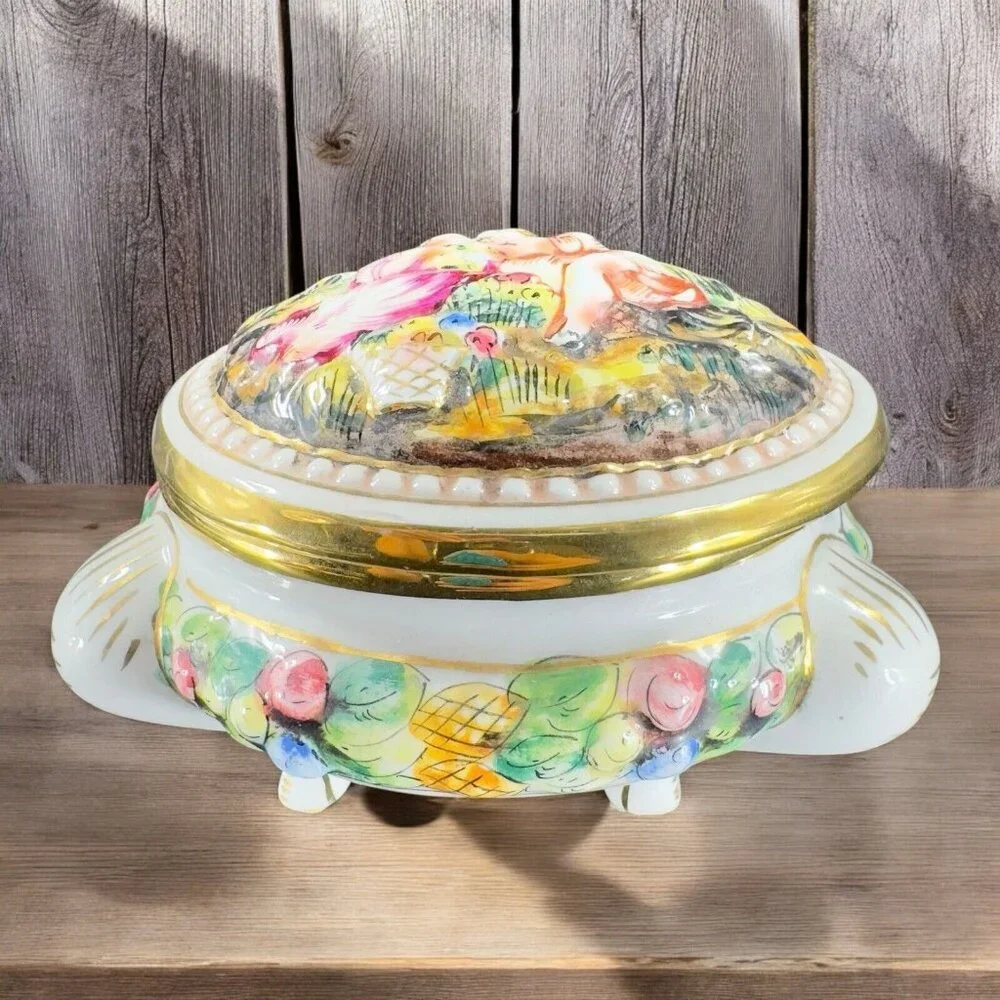 Vintage Capodimonte Italian Pottery Covered Dish Covered Bowl Dish Painted Italy